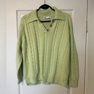Zara Green Cable-Knit Polo Sweater - 100% Cotton